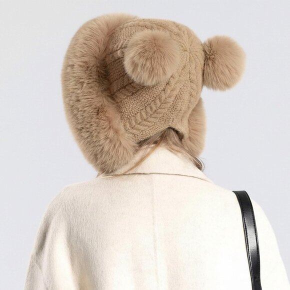 Women Khaki 2Winter Sherpa Beanie Hats Knit Ear Flaps Peruvian Cover Ears - Picture 4 of 9